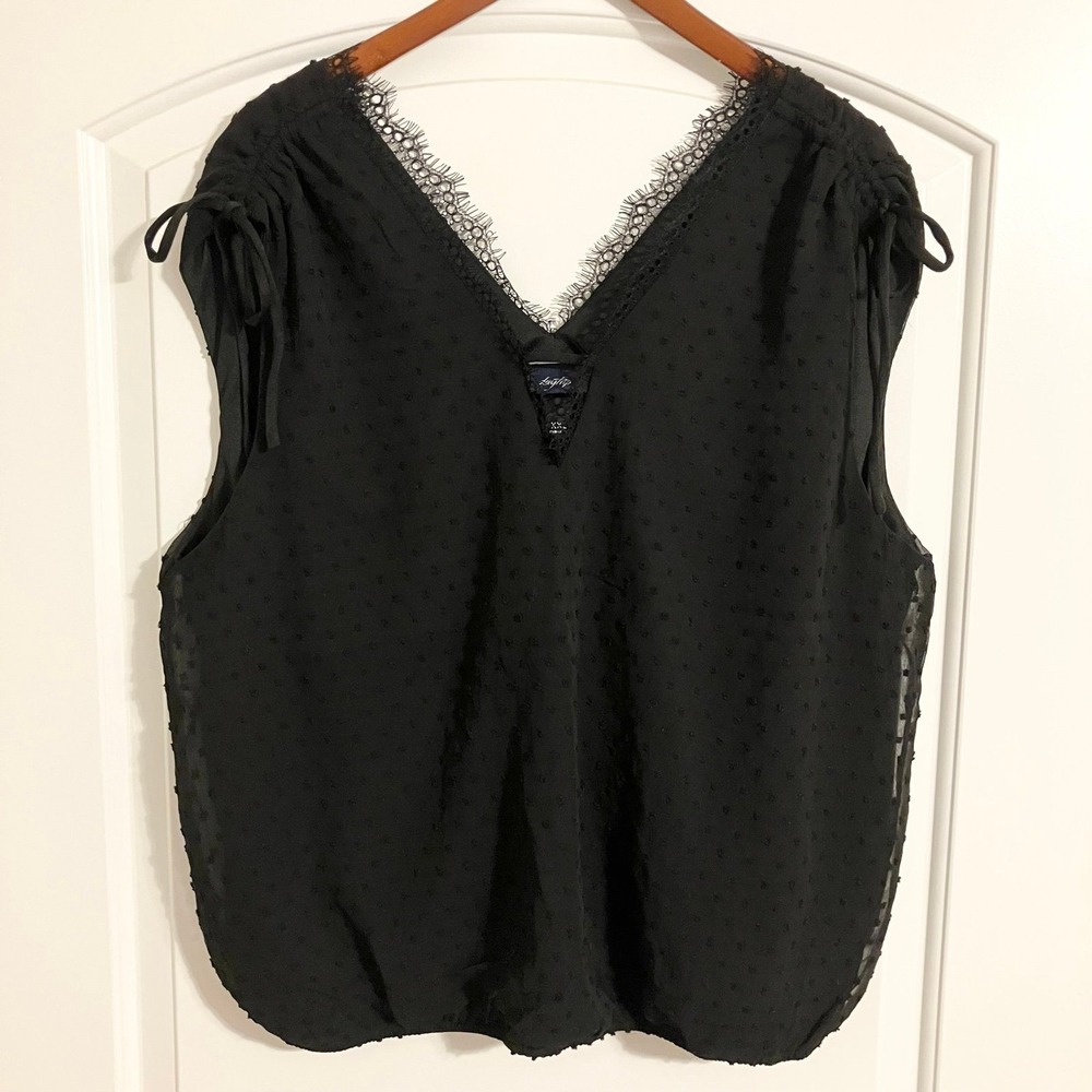 Daytrip black swiss dot tank top v-neck lace-trim cinch-tie straps Sz XXL *NWT*